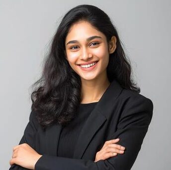 Home portrait of a young indian business woman smiling with arms crossed over grey background free photo